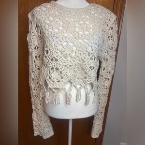 Forever 21 Ivory Crochet Tassel Hem Top Crop Length Button Fasten Detail